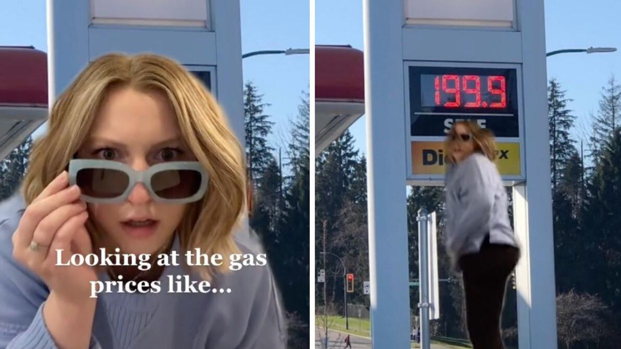 A woman looks shocked at the price of gas prices and, right, the same woman is stood in front of a gas station.