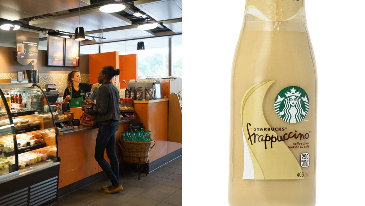 A woman making an order at a Starbucks. Right: Starbucks vanilla frappuccino.