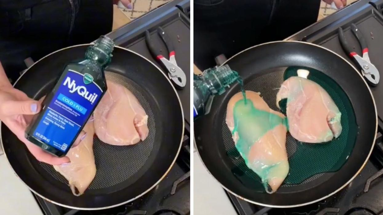 A woman making chicken with NyQuil.