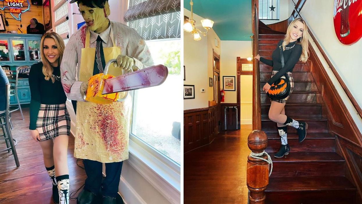 A woman next to a Leatherface mannequin. Right: The staircase of the house.