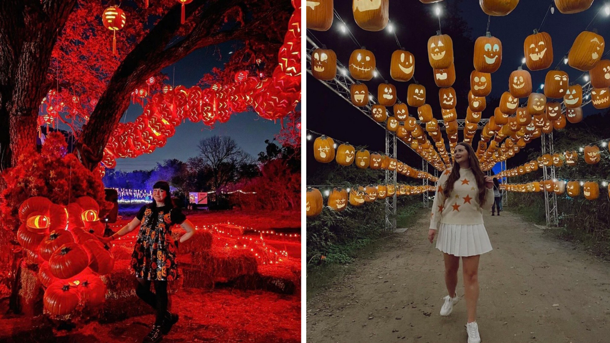A woman next to a pumpkin display. Right: A woman underneath hanging pumpkins.