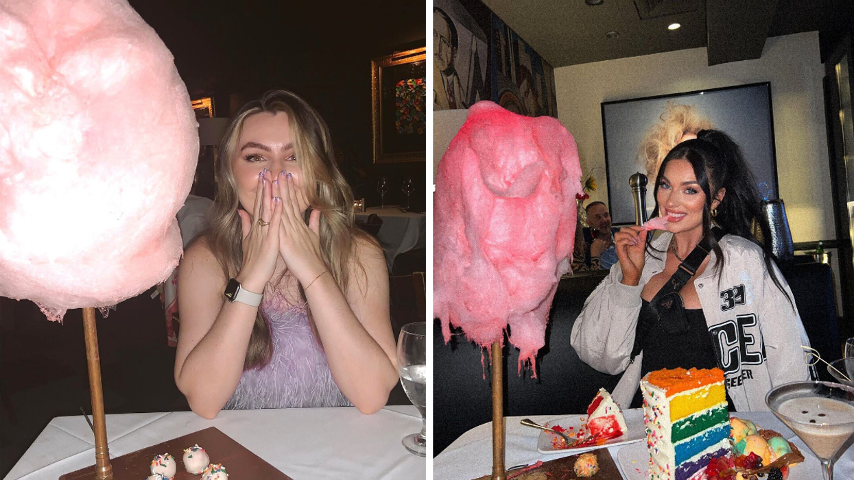 A woman next to pink cotton candy on a stick. Right: A woman eating pink cotton candy with the rainbow 7 layer cake in front.