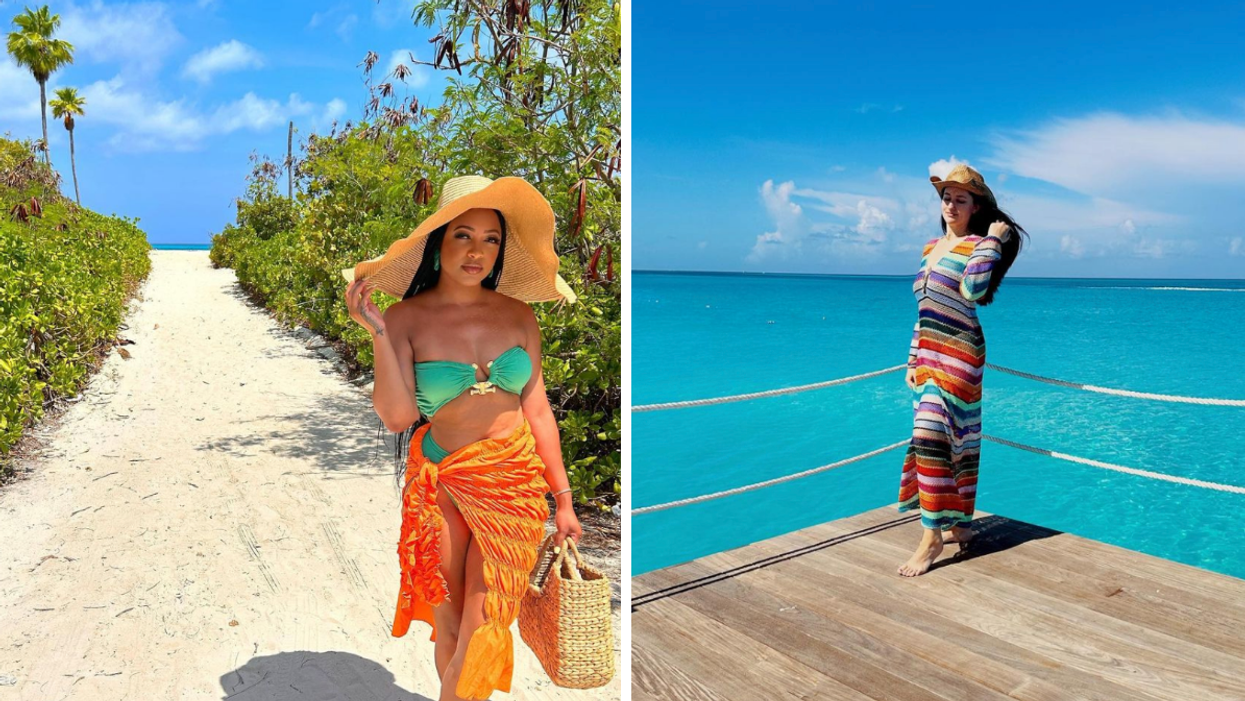 A woman on a beach. Right: A woman by blue water.