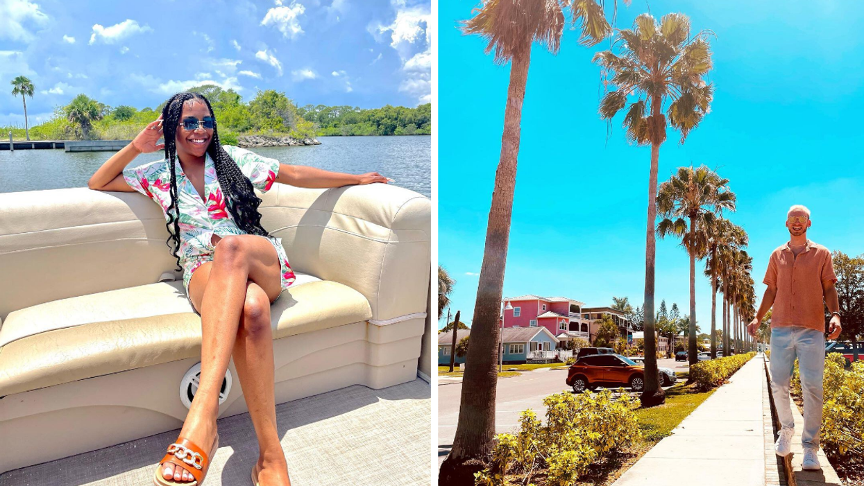 A woman on a boat in Cocoa Beach. Right: A man walking on the sidewalk in Gulfport Beach.