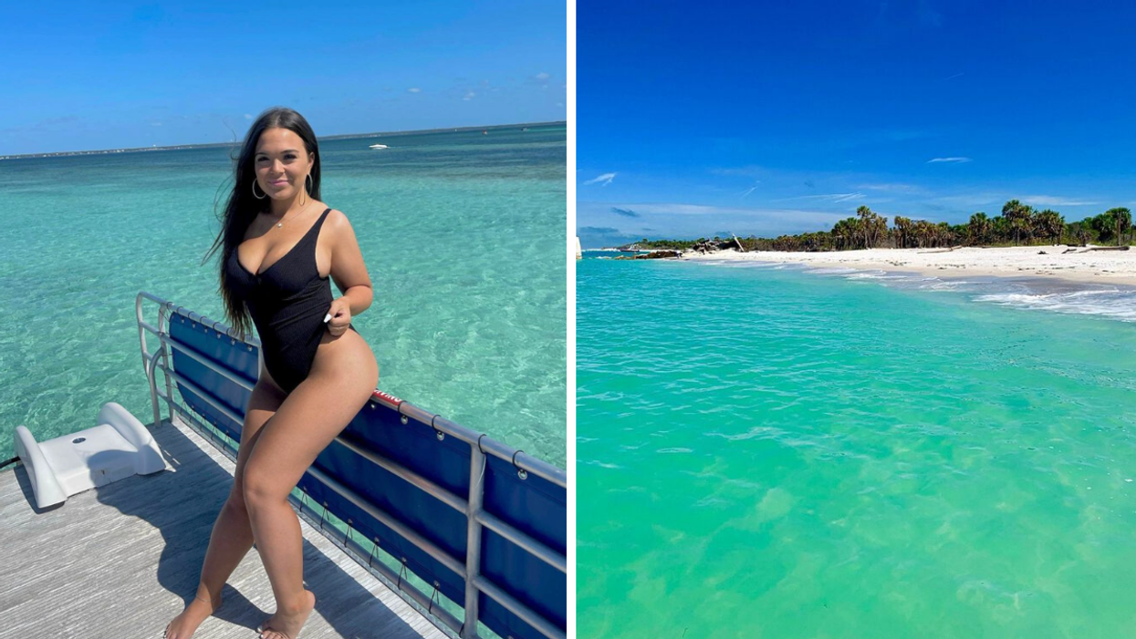 A woman on a boat in Crab Island. Right: Egmont Key State Park.