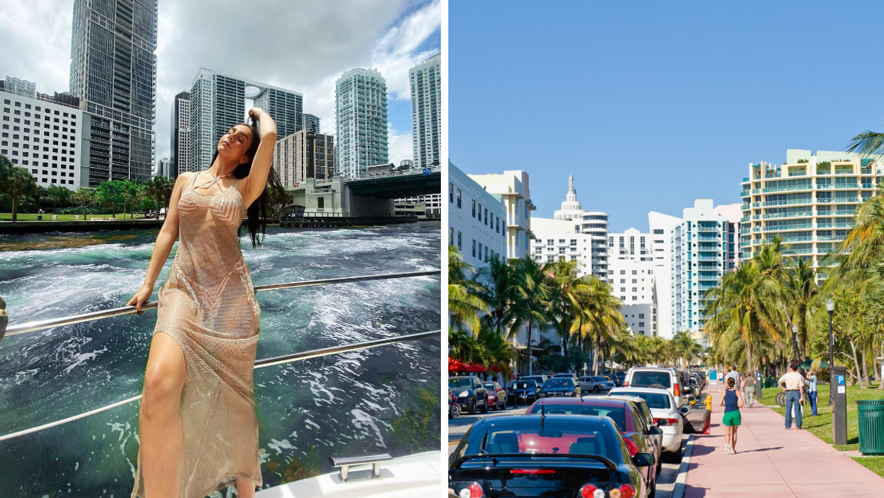 A woman on a boat in Miami, FL. Right: The streets of Miami, FL.