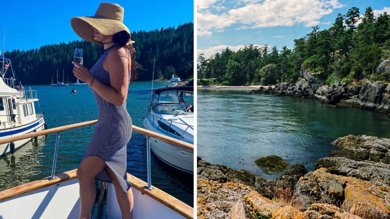 A woman on a boat on Pender Island. Right: Pender Island.