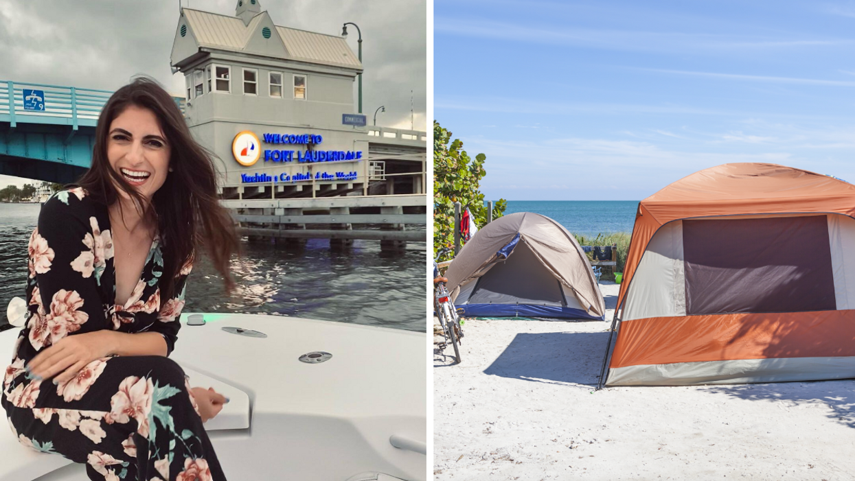 A woman on a boat on the water in front of the "Welcome To Fort Lauderdale" sign. Right: Tents on a Florida beach.
