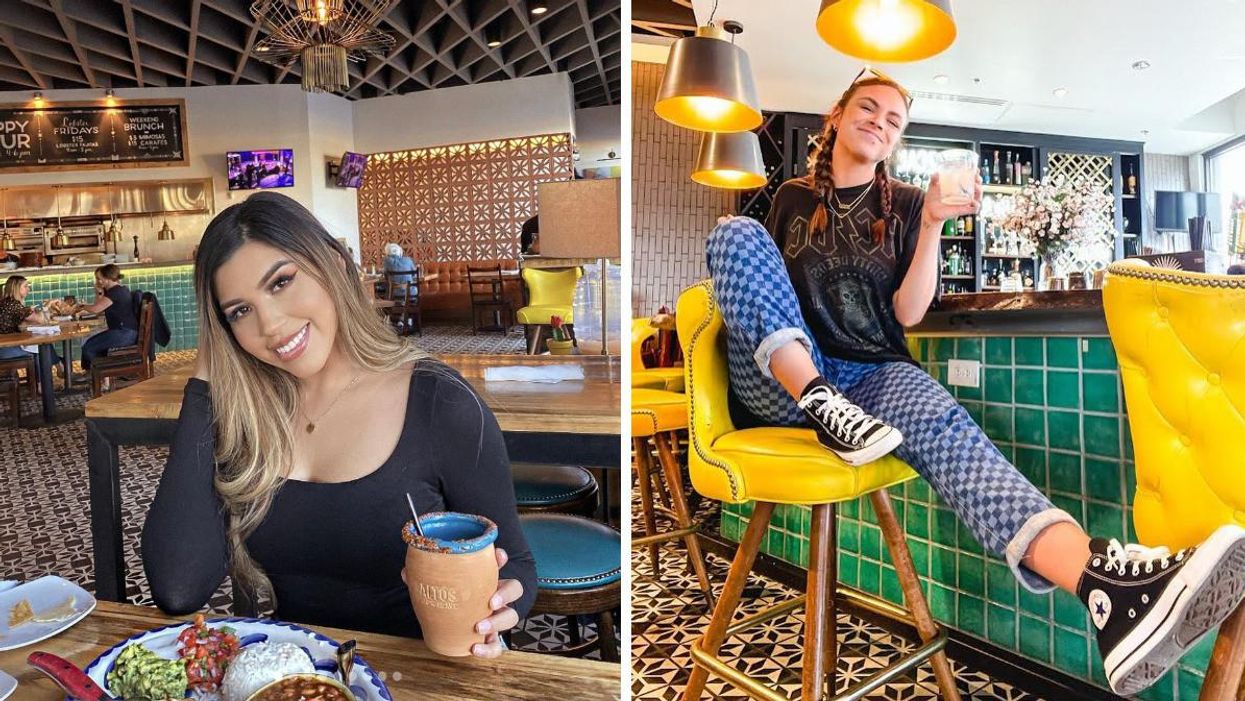 A woman on a date night at El Bolero. Right: A person at the bar drinking a margarita.