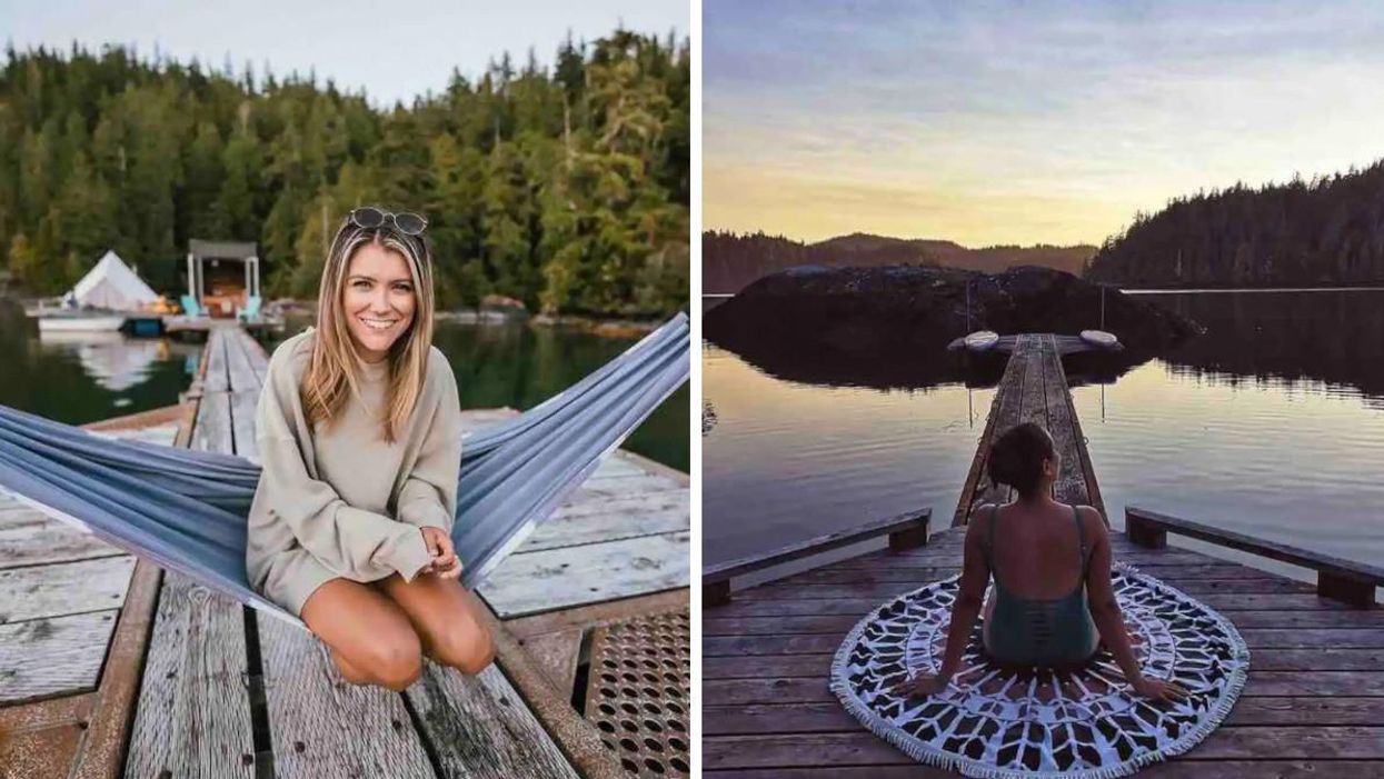 A woman on a hammock at the Lagoon Float Camp. Right: A woman sitting on the dock.