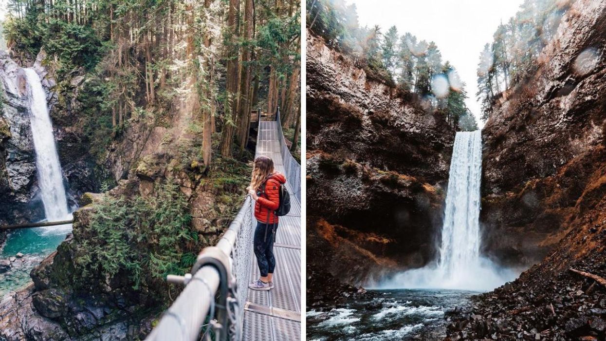 A woman on a hike beside a waterfall. Right: A waterfall.