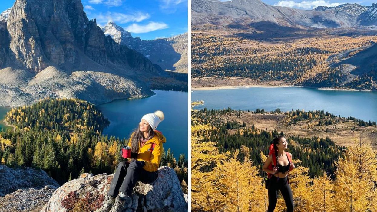 A woman on a hike in BC. Right: A woman on a hike in BC.
