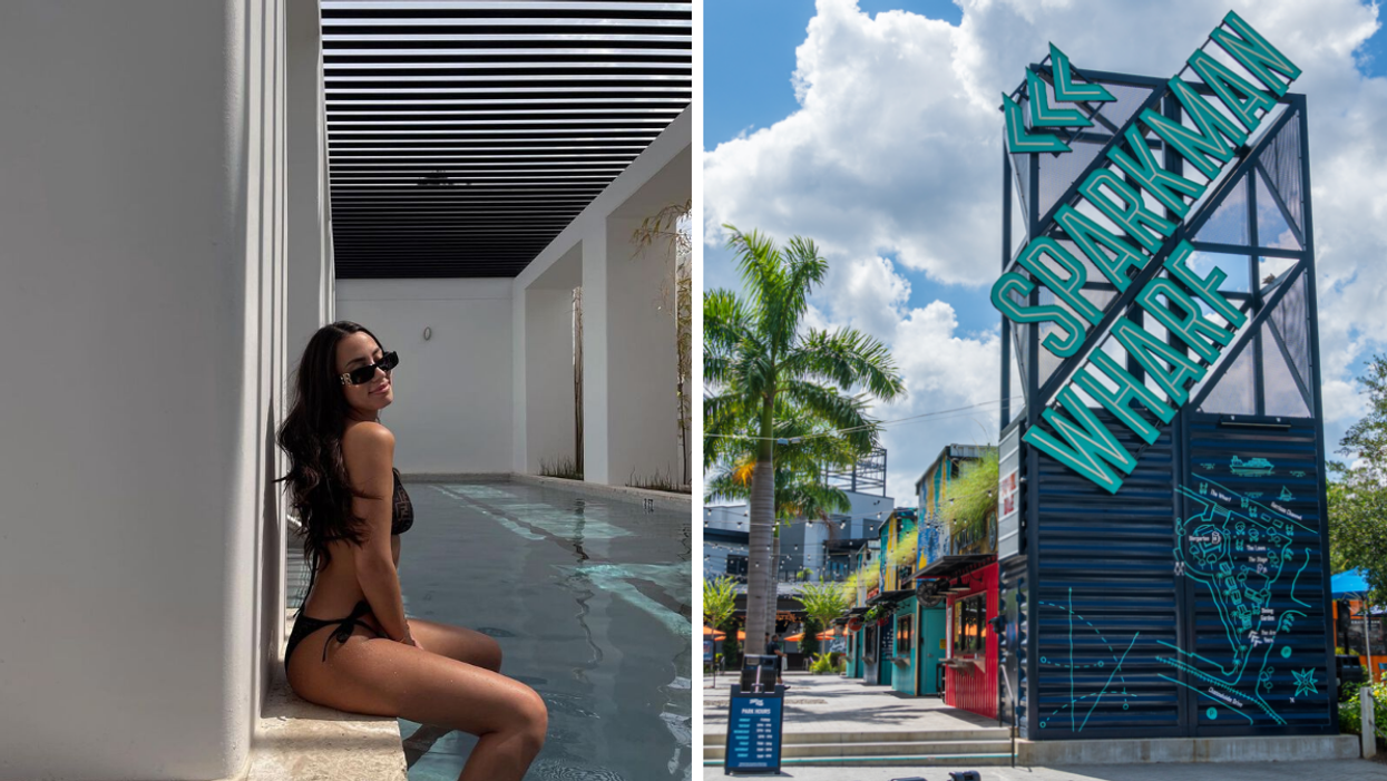 A woman on a ledge near a pool. Right: Sparkman Wharf in Tampa, FL.