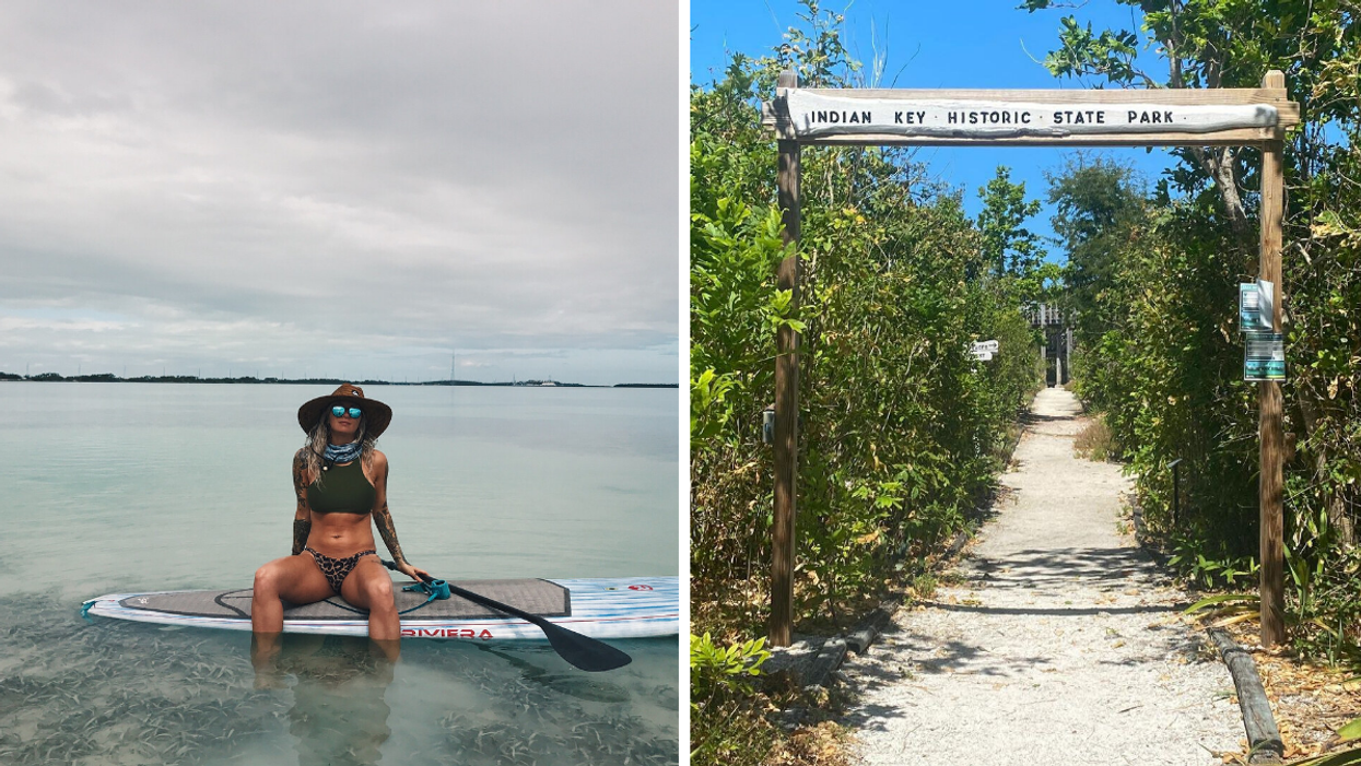 A woman on a paddle board at Indian Key Historic State Park. Right: The entrance to Indian Key Historic State Park.