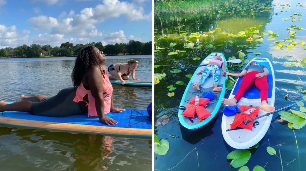 A woman on a paddle board doing yoga. Right: A couple in meditation on paddle boards.