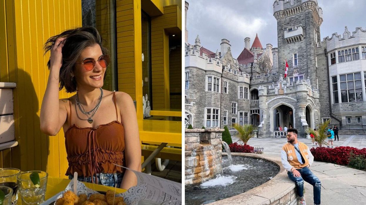 A woman on a patio wearing sunglasses smiling in the sunshine. Right: A man in a letter jacket sitting in from of Casa Loma.