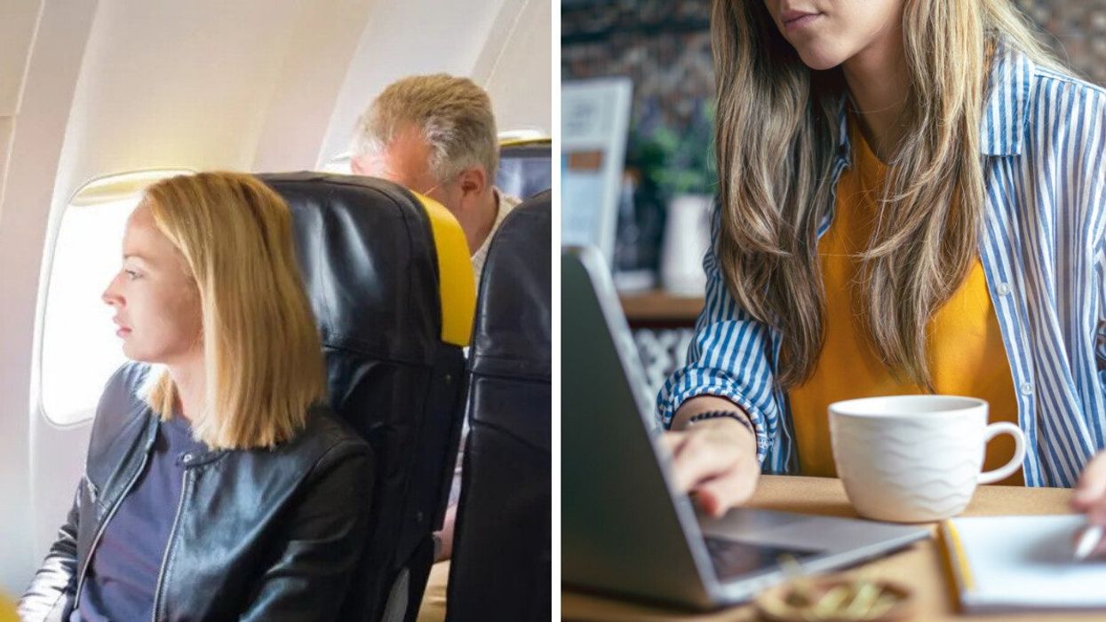 A woman on a plane. Right: A woman working on a laptop.