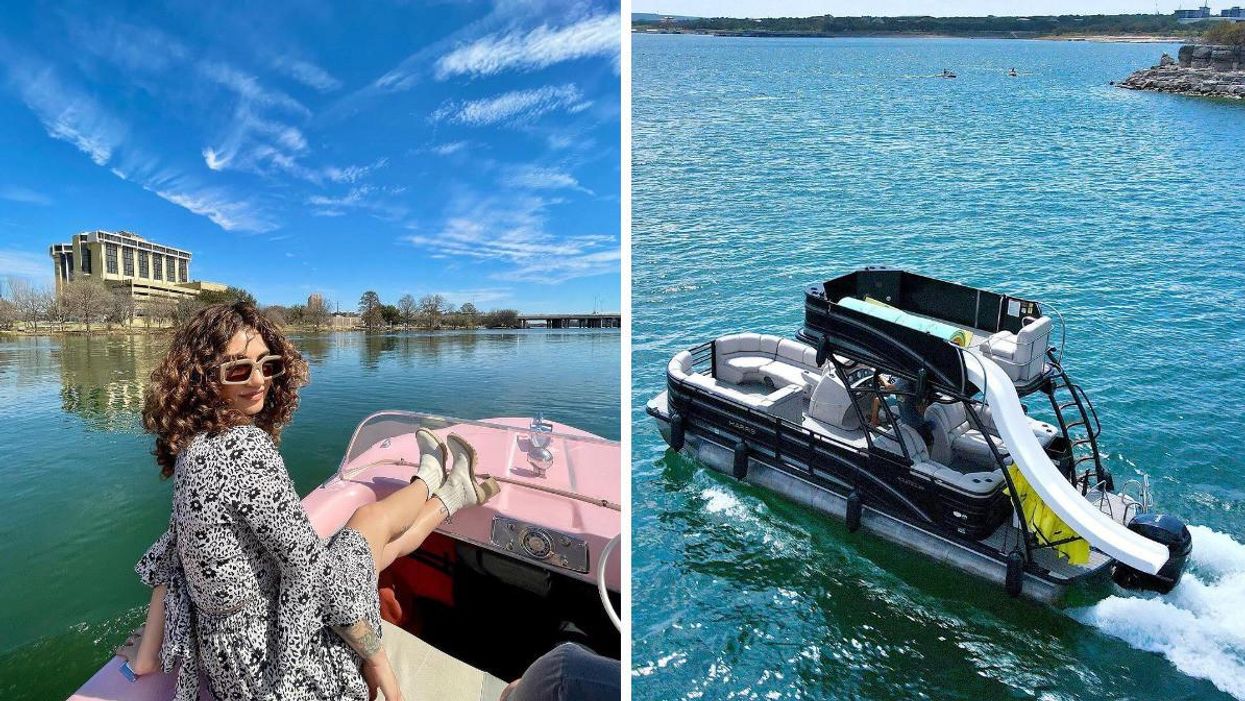 A woman on a retro boat in Austin, TX. Right: One of the boats from Lone Star Party Boats on Lake Travis.