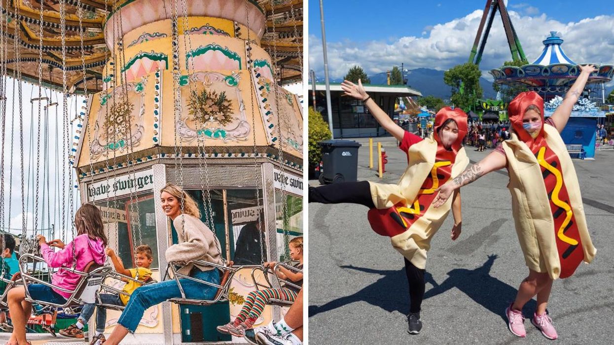 A woman on a ride at Playland. Right: Two people dressed up as hot dogs.