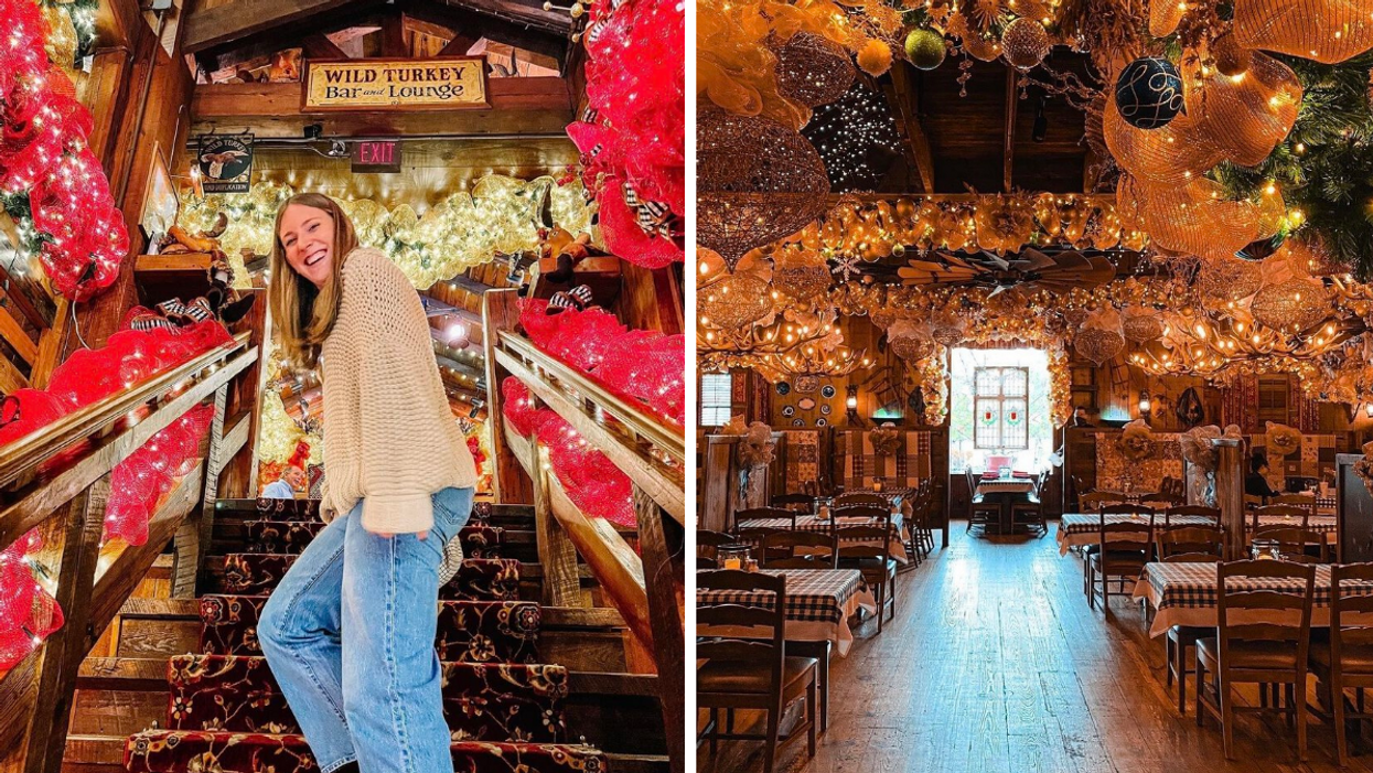 A woman on a staircase inside Angus Barn. Right: Holiday decorations inside of Angus Barn in Raleigh, NC.