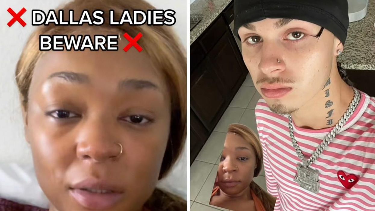 A woman on a TikTok video warning about his Dallas Hinge date. Right: A woman showing her alleged Hinge date whom she's claiming robbed her.