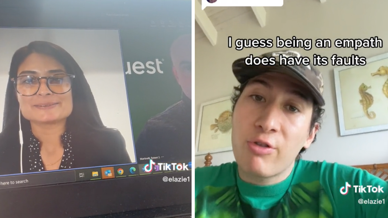 A woman on a zoom call. Right: The man who got laid off.