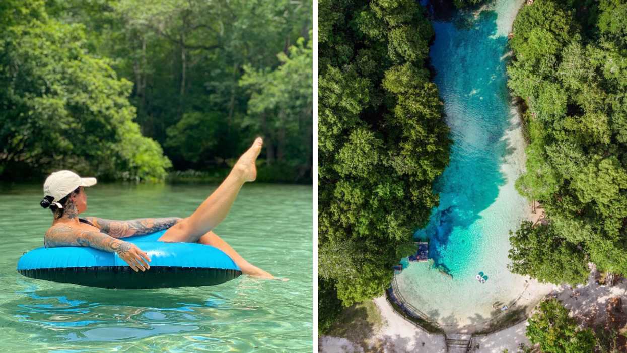 A woman on an inner tube in the springs. Right: A birds eye view of the springs.