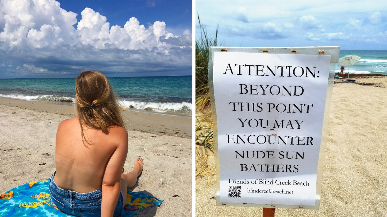 A woman on at Blind Creek Beach. Right: A sign at Blind Creek Beach.