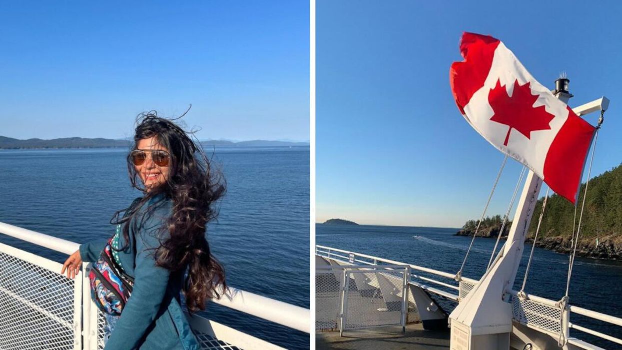 A woman on BC Ferries. Right: A Canadian Flag on BC Ferries.