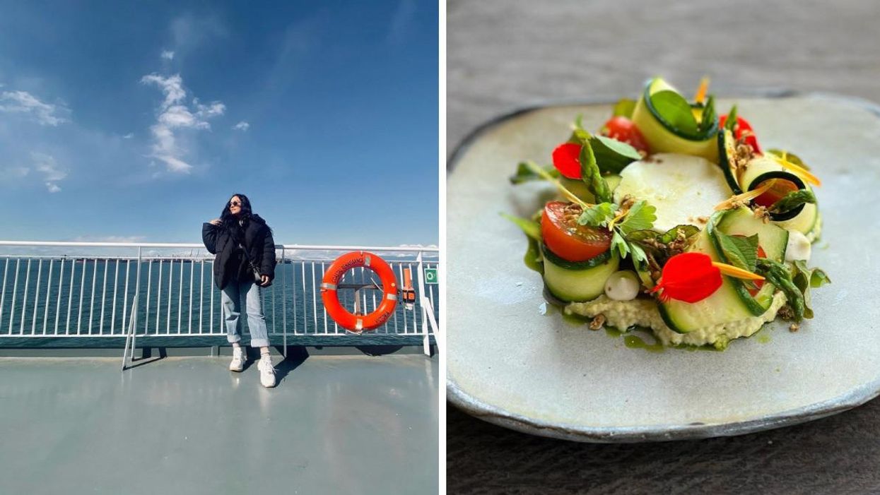 A woman on BC Ferries. Right: A dish at Pluvio.