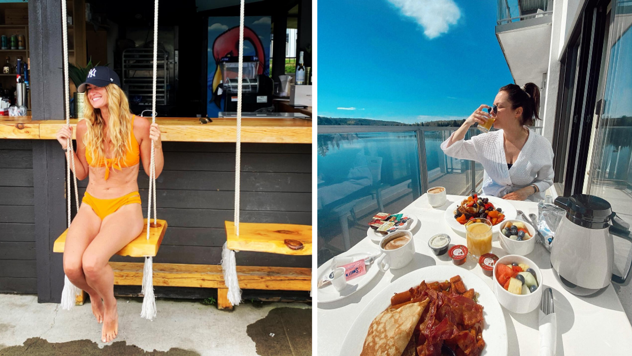 A woman on Cabana swing at Esterel Resort. Right: A woman enjoying room service overlooking the lake.
