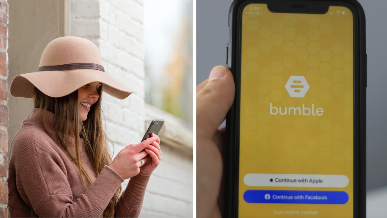 A woman on her phone. Right: The Bumble app.