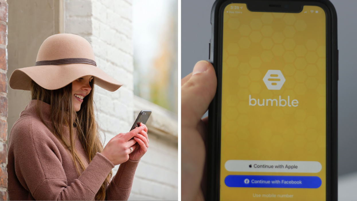 A woman on her phone. Right: The Bumble app.