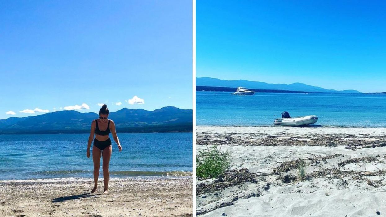 A woman on Sandy Island. Right: Boats on Sandy Island.