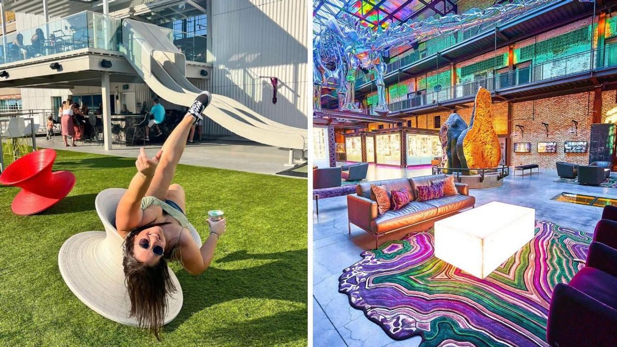 A woman on the adult playground at Electric Moon. Right: The lobby of the Plant Riverside District.