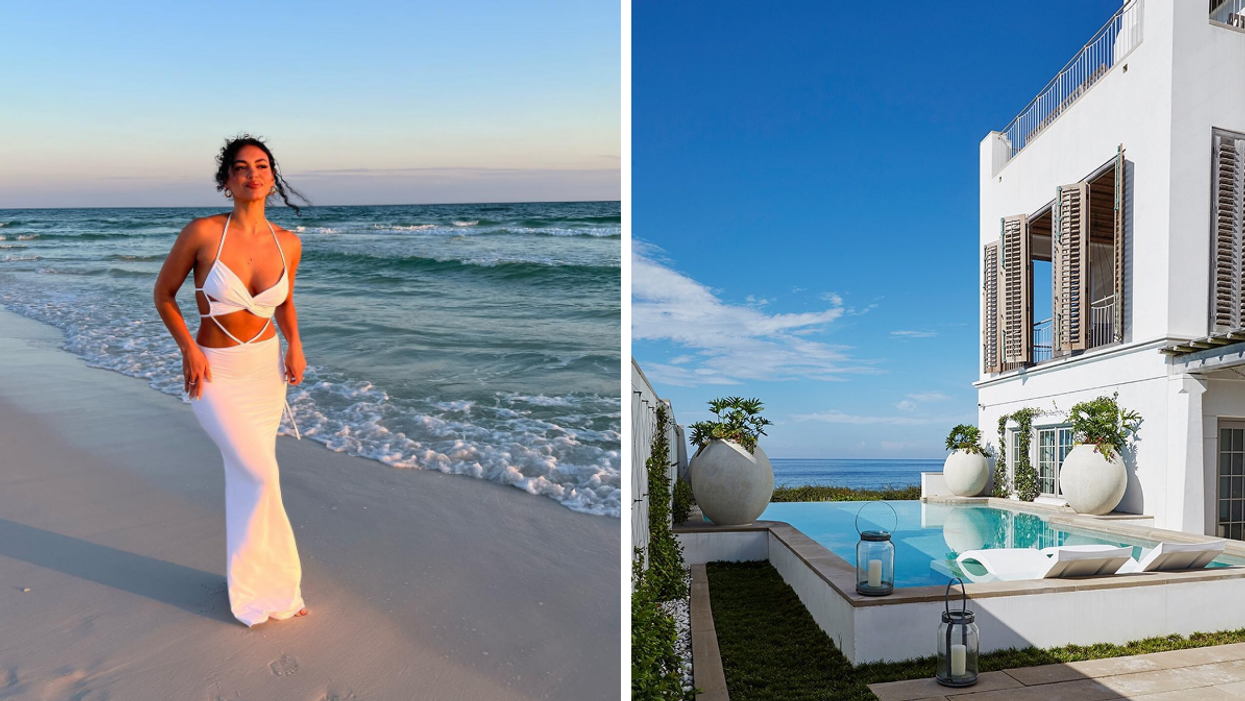 A woman on the beach in Alys Beach, FL. Right: An Alys Beach Villa in Florida.