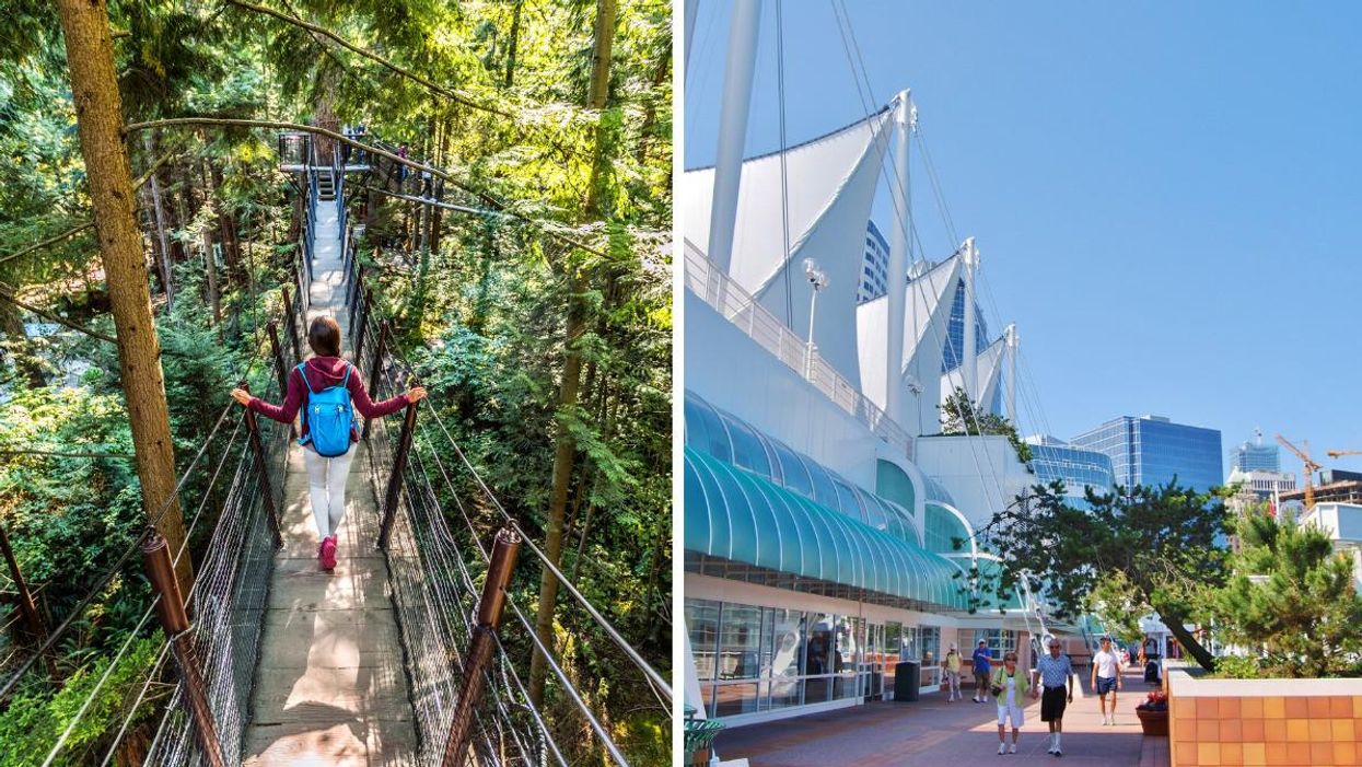 A woman on the Capilano Suspension Bridge. Right: Canada Place.