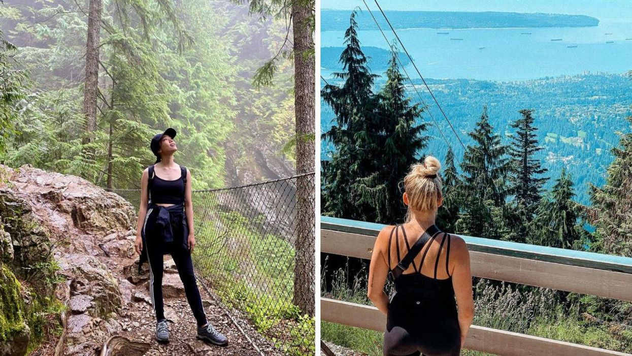 A woman on The Grouse Grind. Right: A woman at the top of The Grouse Grind.