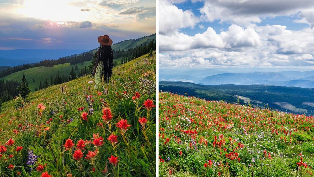 A woman on the hike in Sun Peaks, B.C. Right: Sun Peaks, B.C.