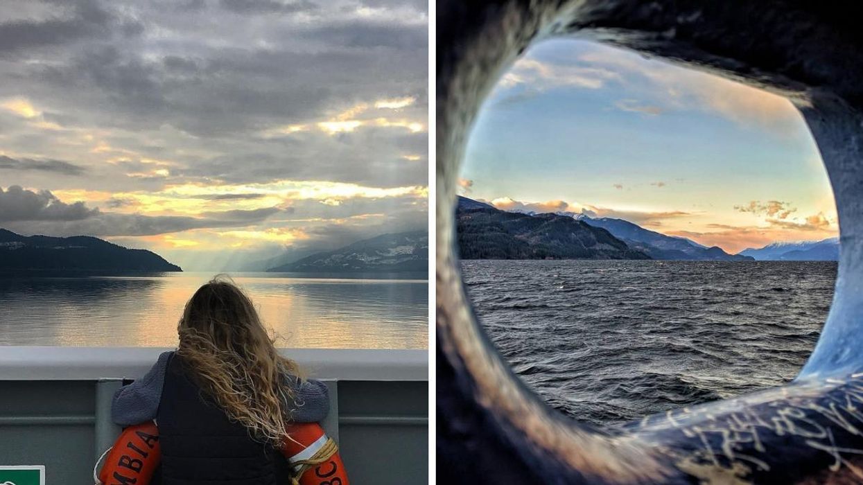 A woman on the Kootenay Lake Ferry. Right: View from the Kootenay Lake Ferry.