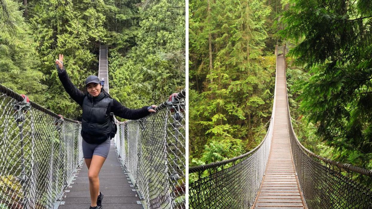 A woman on the Lynn Canyon Suspension Bridge. Right: Lynn Canyon Suspension Bridge.