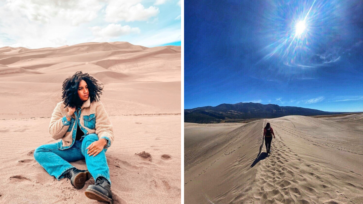A woman on the sand dunes. Right: Someone walking along the sand dunes.