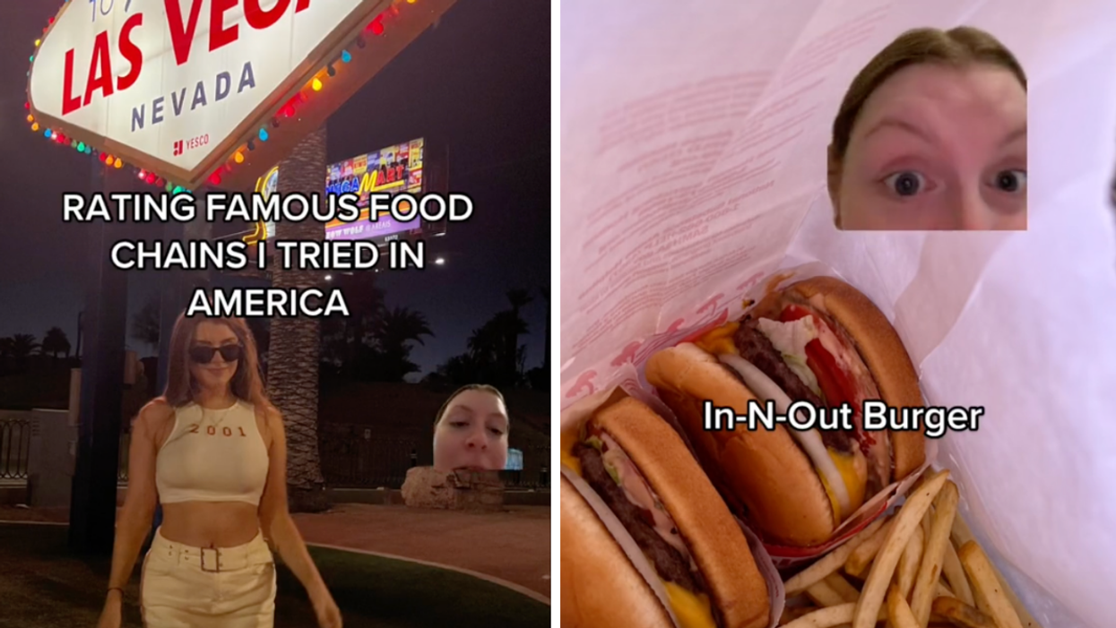 A woman on TikTok rating food chains. Right: A woman on TikTok talking about In-N-Out Burger.
