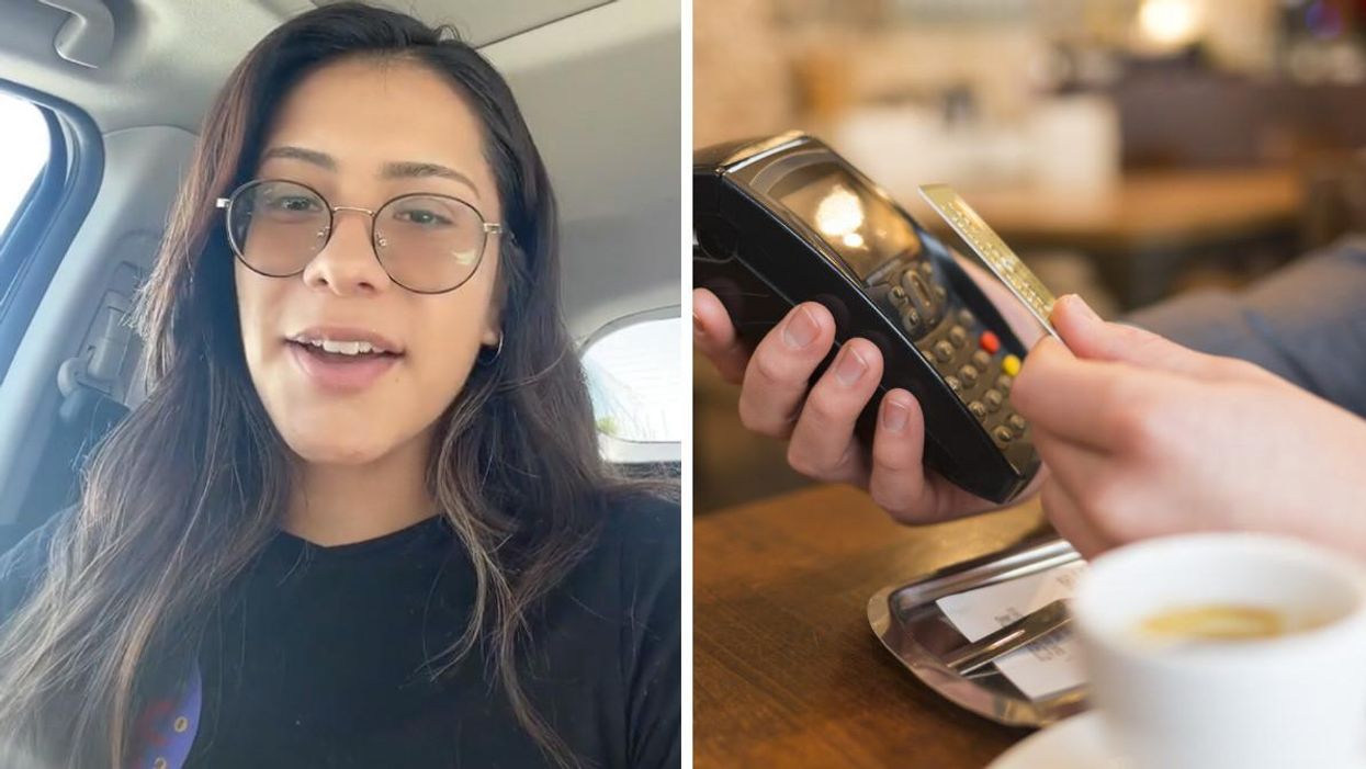 A woman on TikTok. Right: Person paying a bill by card.