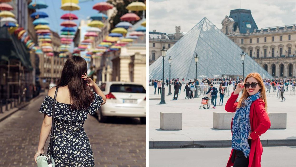 A woman on vacation. Right: A woman at the Louvre in Paris, France.