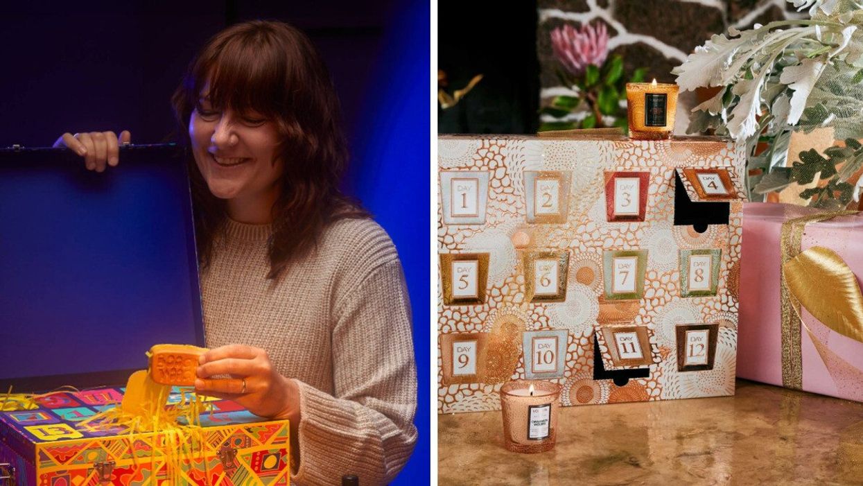 A woman opening the Lush Advent Calendar. Right: The Voluspa Advent Calendar.