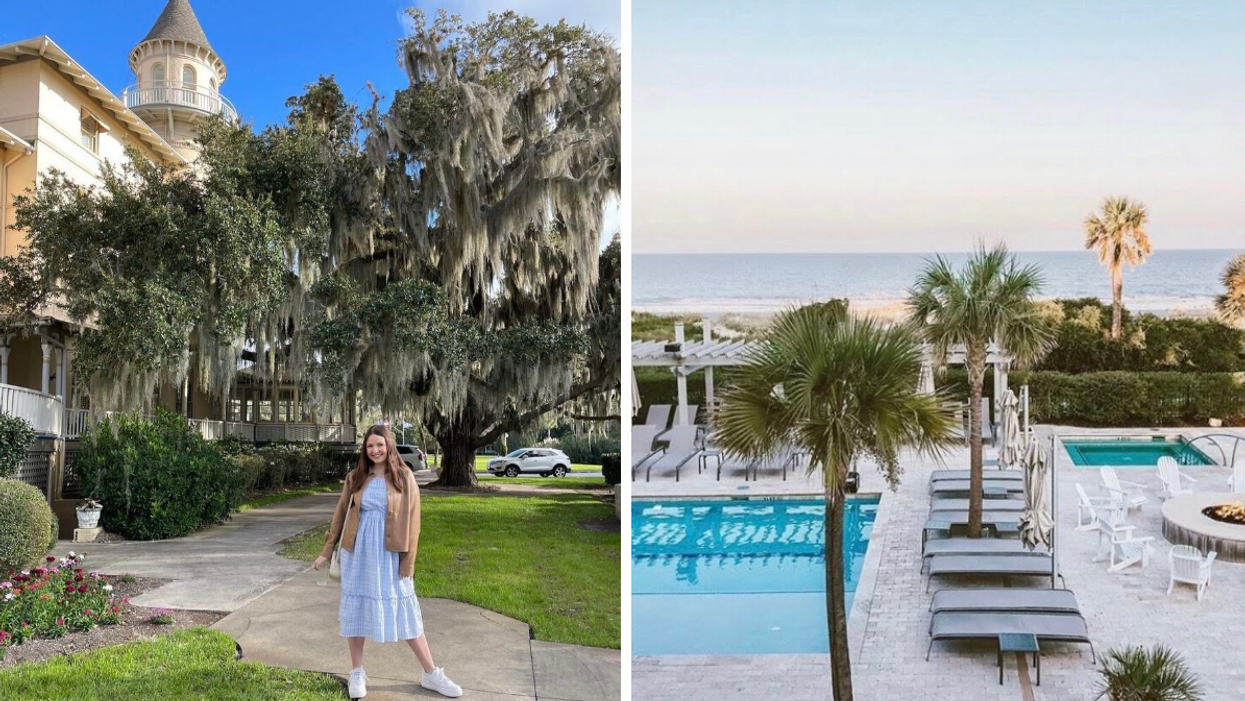 A woman outside Jekyll Island Club Resort. Right: The pool and beach area at Jekyll Island Club Resort.