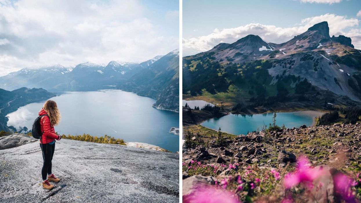A woman overlooking a lake on a hike. Right: Lake and mountain views.