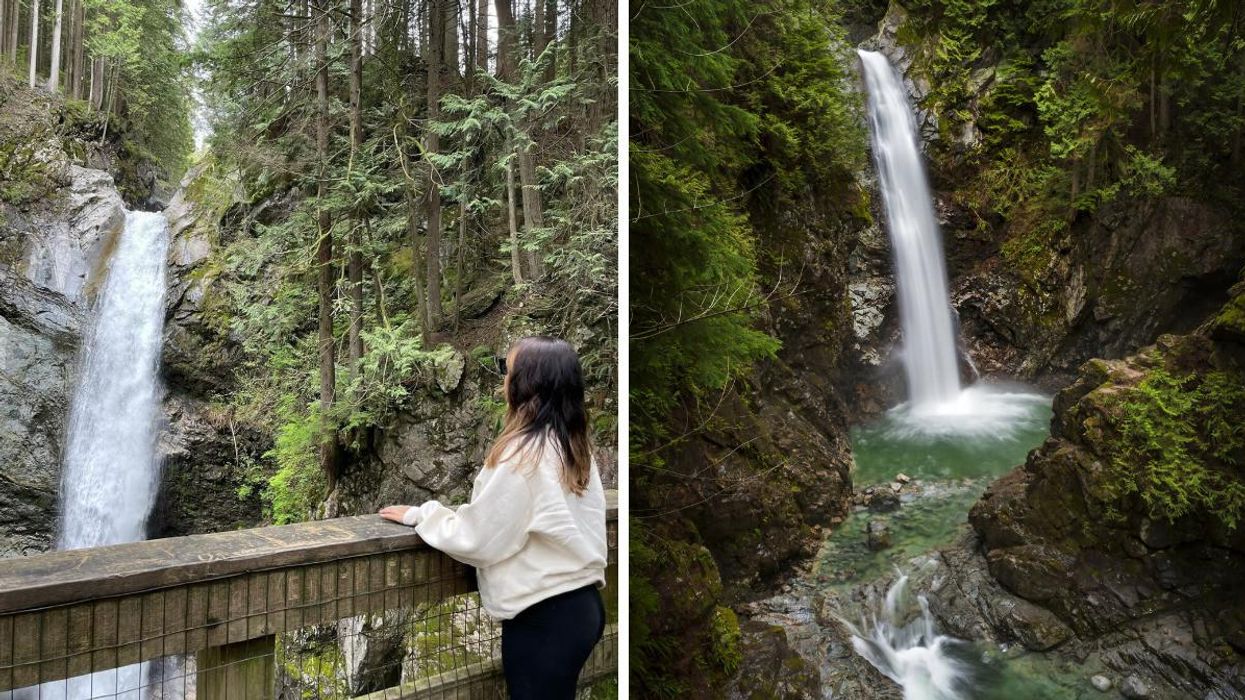 A woman overlooking Cascade Falls. Right: Cascade Falls.
