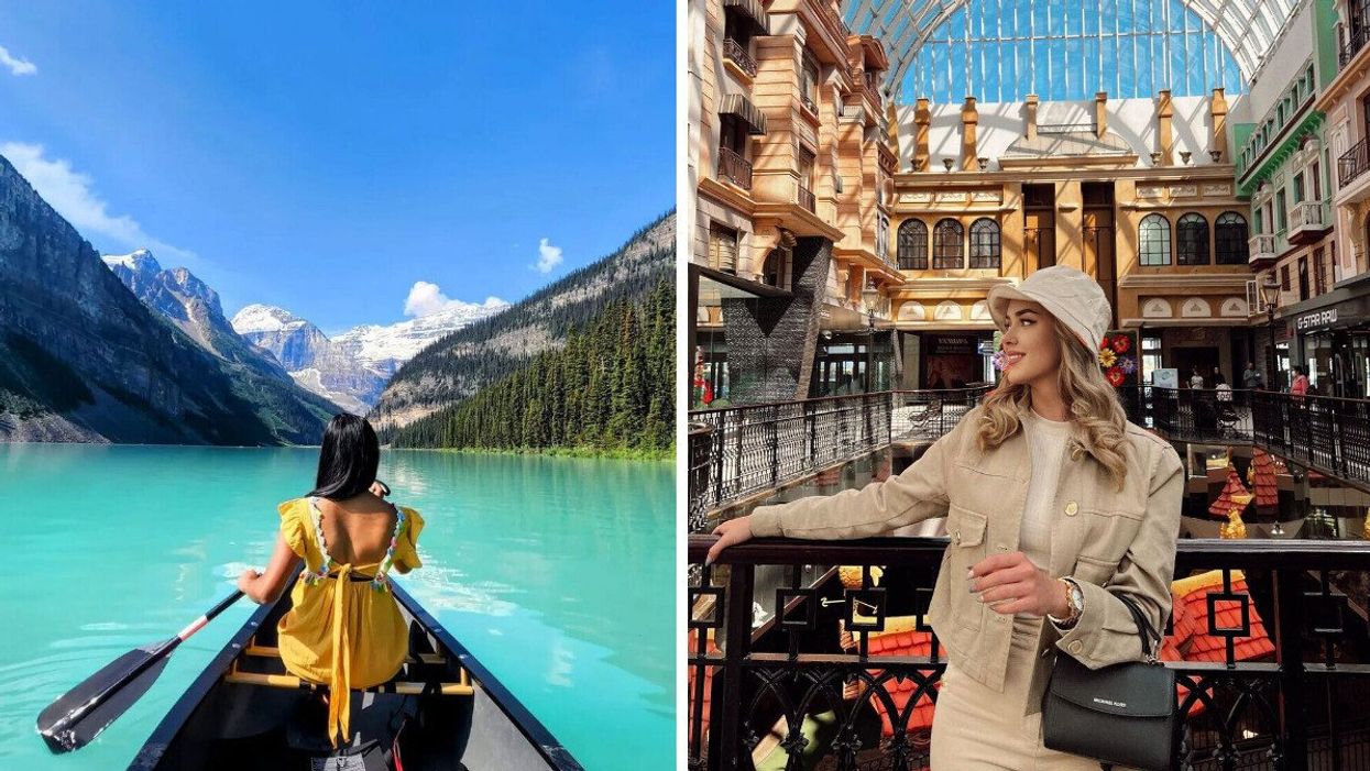 A woman paddles a canoe on a lake in Alberta. Right: A woman in a mall in Canada.